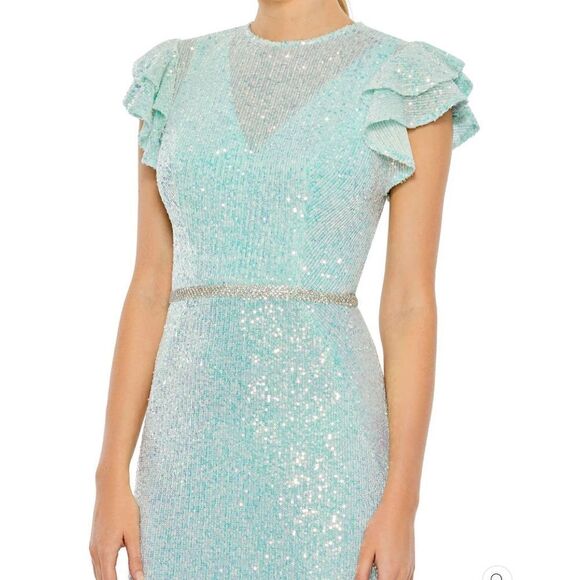 Mac Duggal 26942  Womens SEQUINED HIGH NECK FLUTTER SLEEVE GOWN Dress Blue - Picture 4 of 16